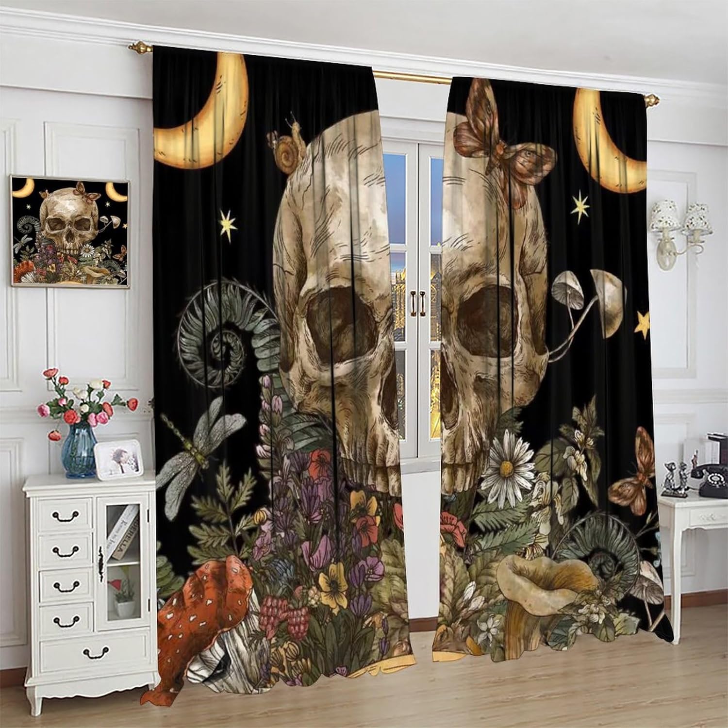 Vintage Gothic Skull Rod Pocket Curtains for Bedroom - Abstract Halloween Sun Moon Galaxy Eucalyptus Mushroom Window Drapes, Energy Saving Blackout Curtains 2 Panels 54" L x 21" W