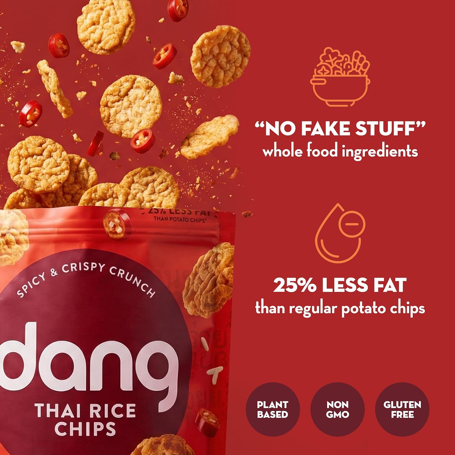 Dang Thai Rice Chips Sriracha Spice, Vegan, Gluten Free Crisps, Non GMO, Healthy Savory Snacks, Made with Whole Foods, 30% Less Fat, Resealable Individual Bags, 3.5 oz
