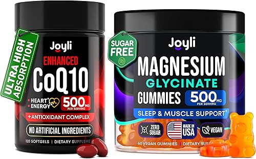 CoQ10 - Paquete de gomitas de glicinato de magnesio de 500 mg + coenzima de alta absorción Q10, 120 cápsulas blandas y 60 gomitas para dormir sin