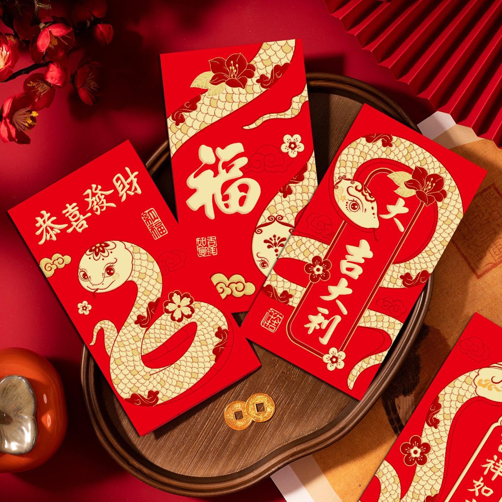 Enveloppes Rouges Nouvel An Chinois 2024 - Lot De 36 | 6 Designs Dorés | Pour Argent Cadeau | 9x17cm