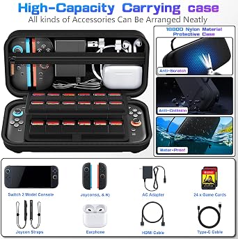 daydayup Switch 2 Carry Case Compatible with Nintendo Switch 2, with 24 Games Cartridges Protective Hard Shell Travel Carrying Case Pouch for Switch 2 Console & Accessories,Black