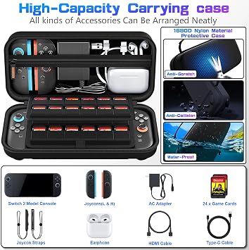 daydayup Switch 2 Carry Case Compatible with Nintendo Switch 2, with 24 Games Cartridges Protective Hard Shell Travel Carrying Case Pouch for Switch 2 Console & Accessories,Black