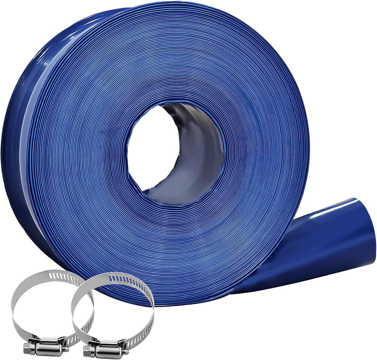 1 1/2 IN x 100 FT Pool Backwash Hose, Reinforced PVC Drain Hose, Heavy-Duty Flexible Lay Flat Hose for Pump Water Drainage, Sump Pump Discharge and Swimming Drain Pools, with 2 Clamps