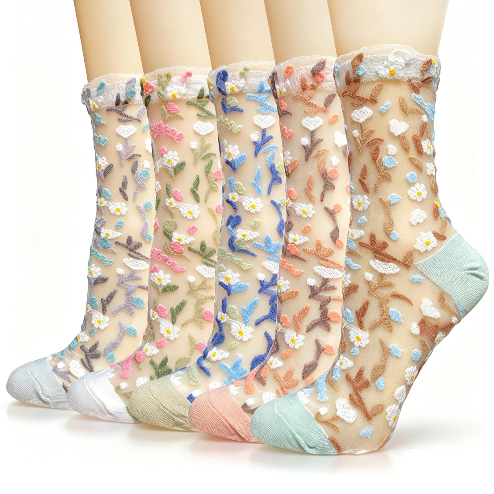 DXYAKY 5 Pairs Sheer Floral Socks for Women, Lightweight Mesh Ankle Lace Socks, Breathable Summer Cute Transparent Stockings