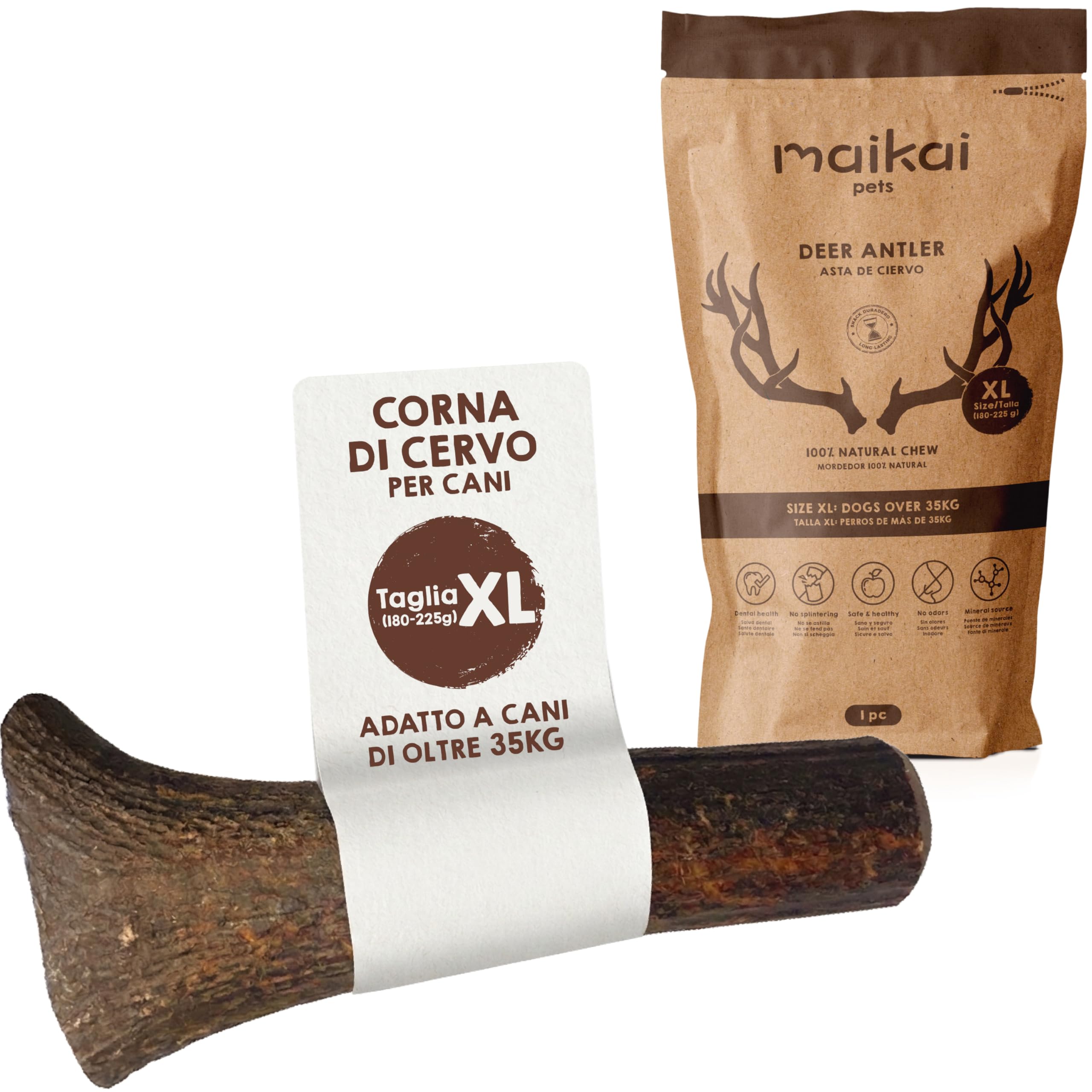 MAIKAI Corno di Cervo per Cani Grandi XL – Masticativo Naturale Senza Punta – Osso Inodore Antitartaro