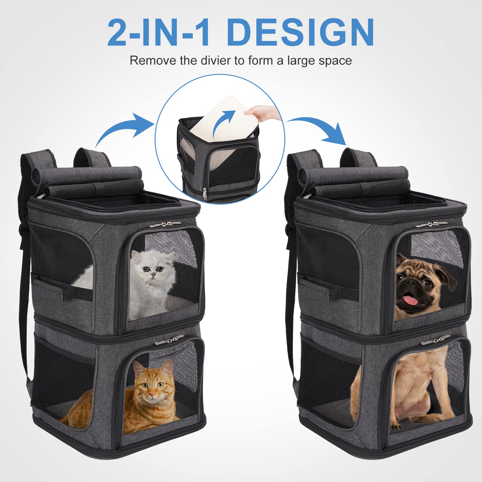 Mochila 2 en 1 para 2 Gatos Máxima 12 kg, Transportin Doble para 2 Gatos, Transportador Portátil de Viaje para Mascotas, Transpirable y Plegable, Negro