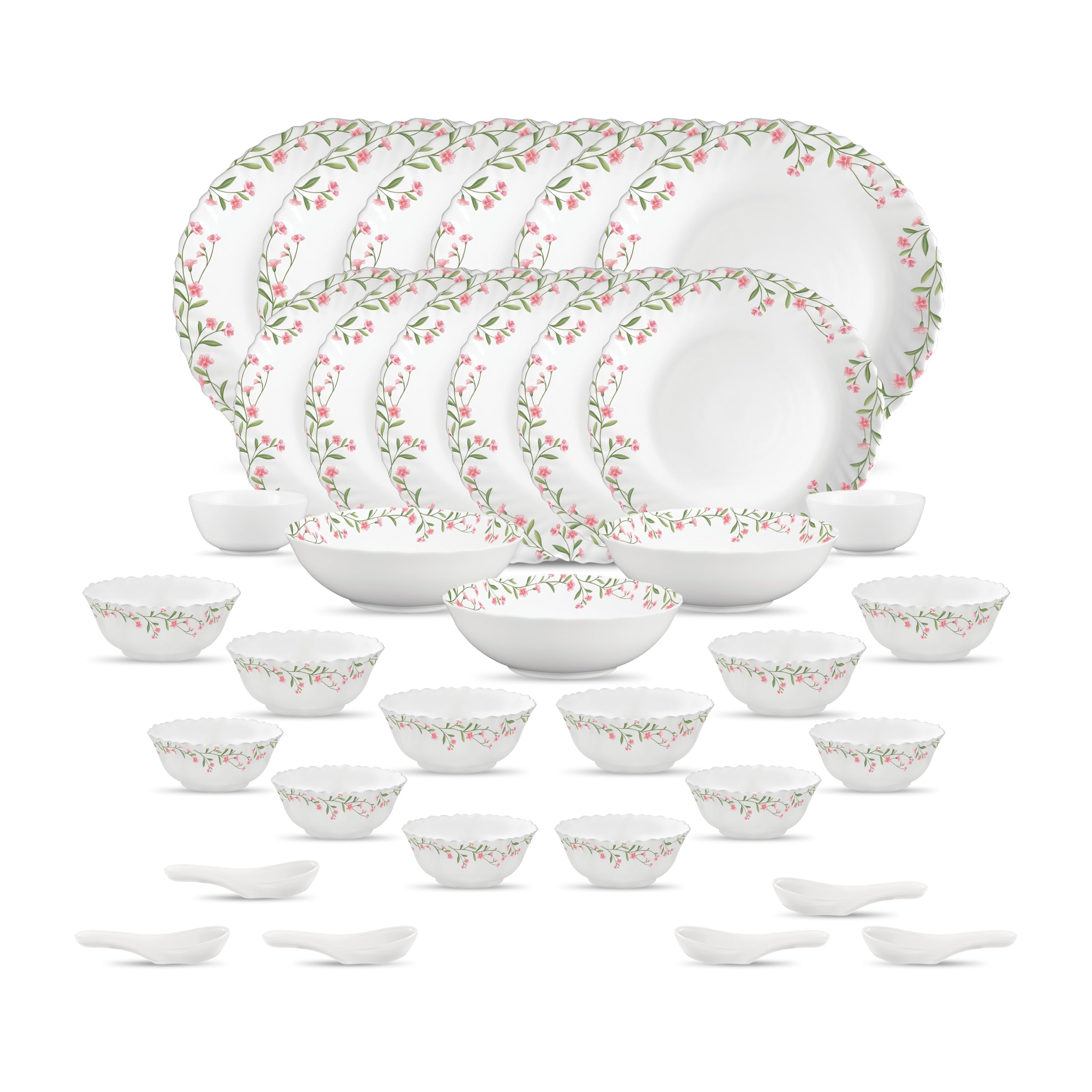 La Opala Opal Glass Crockery | for Family of 6 | Dinner Set 35 pcs Spring Meadows | Plates & Bowls for Dining | Microwave Safe | 100% Vegetarian | Extra Strong | Extra Light & White-image-32