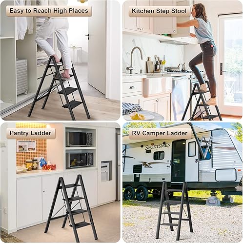 Miniatura 5 de Escalera plegable de 4 escalones, taburete de aluminio con pedal ancho, taburetes portátiles para adultos, capacidad de 330 IBS, luz multiusos para