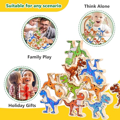 Miniatura 4 de Juguetes de dinosaurio apilables de madera para niños, 16 piezas de juguete de dinosaurio para niños de 3 a 5 años, juguetes Montessori, juego de
