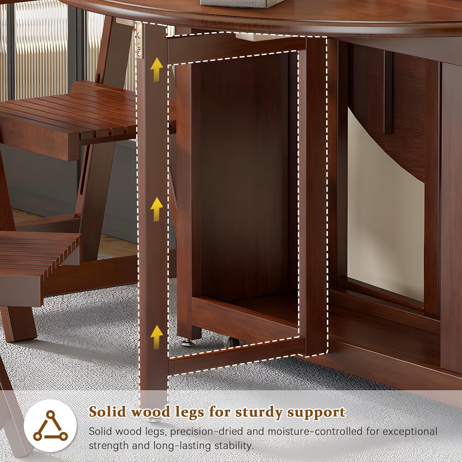 47.3" Round Drop Leaf Tables for Small Spaces, Solid Wood Folding Dining Table with Wheels, Storage Shelf, Fits 4-8 Seats