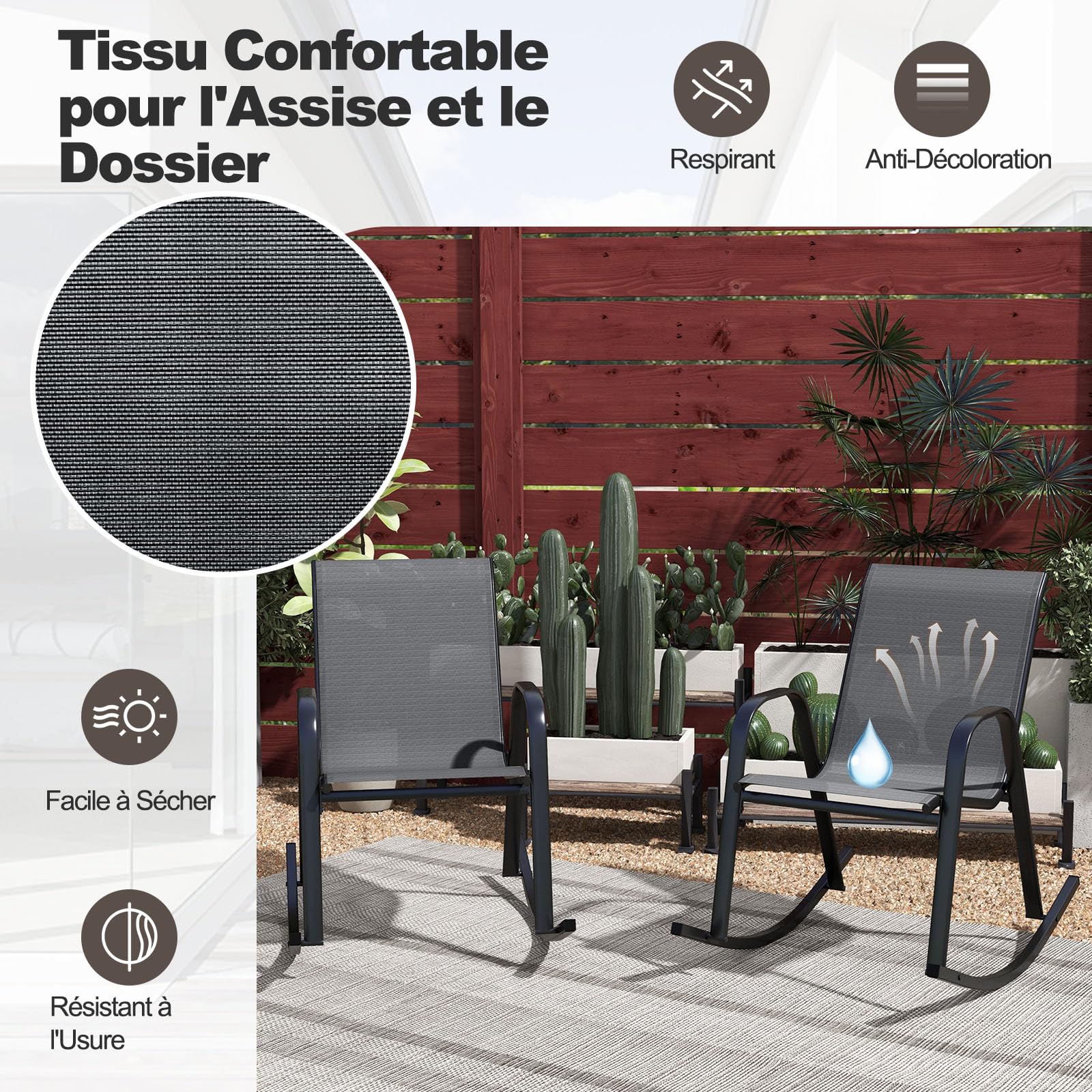GOPLUS Lot de 2 Fauteuil Jardin Exterieur à Bascule en Textilène, 62 x 91 x 86 CM, Rocking Chair Cadre Métal avec Dossier Incurvé et Accoudoir Ergonomique, Charge de 150 KG, pour Jardin, Balcon (Noir)