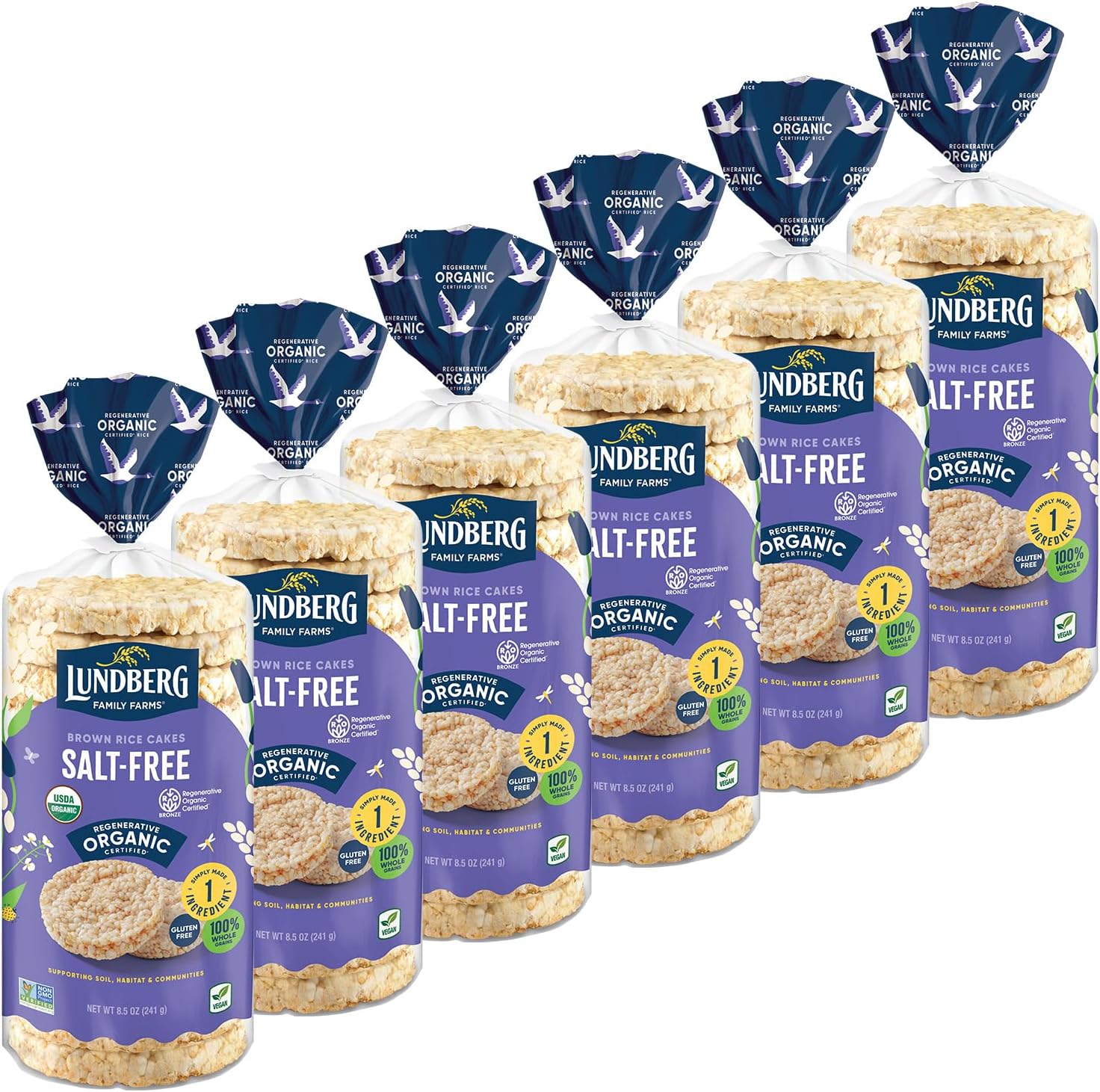 Lundberg Rice Cakes, Organic Brown Rice, Salt-Free, 6-Pack – Regenerative Organic Certified Rice Cakes, Healthy Snacks, Gluten-Free & Vegan, 8.5 Oz Ea