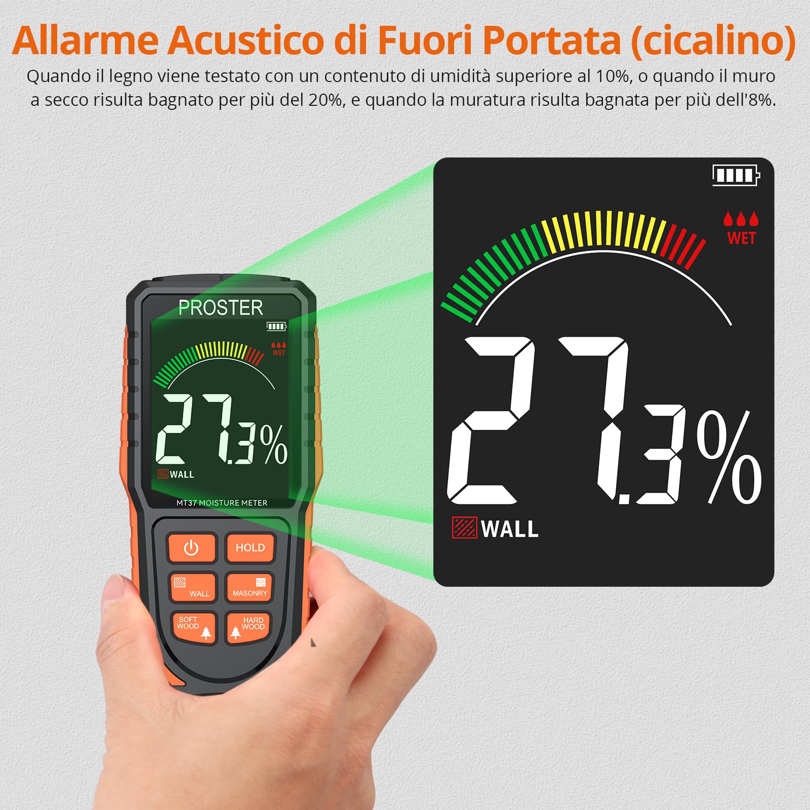 Proster Misuratore di Umidità Digitale da Parete Rricaricabile Rilevatori di Umidità Muri Igrometro Professionale Senza Ago con LCD a Colori e Allarme Acustico Muro Muratura Legno Tenero e Duro