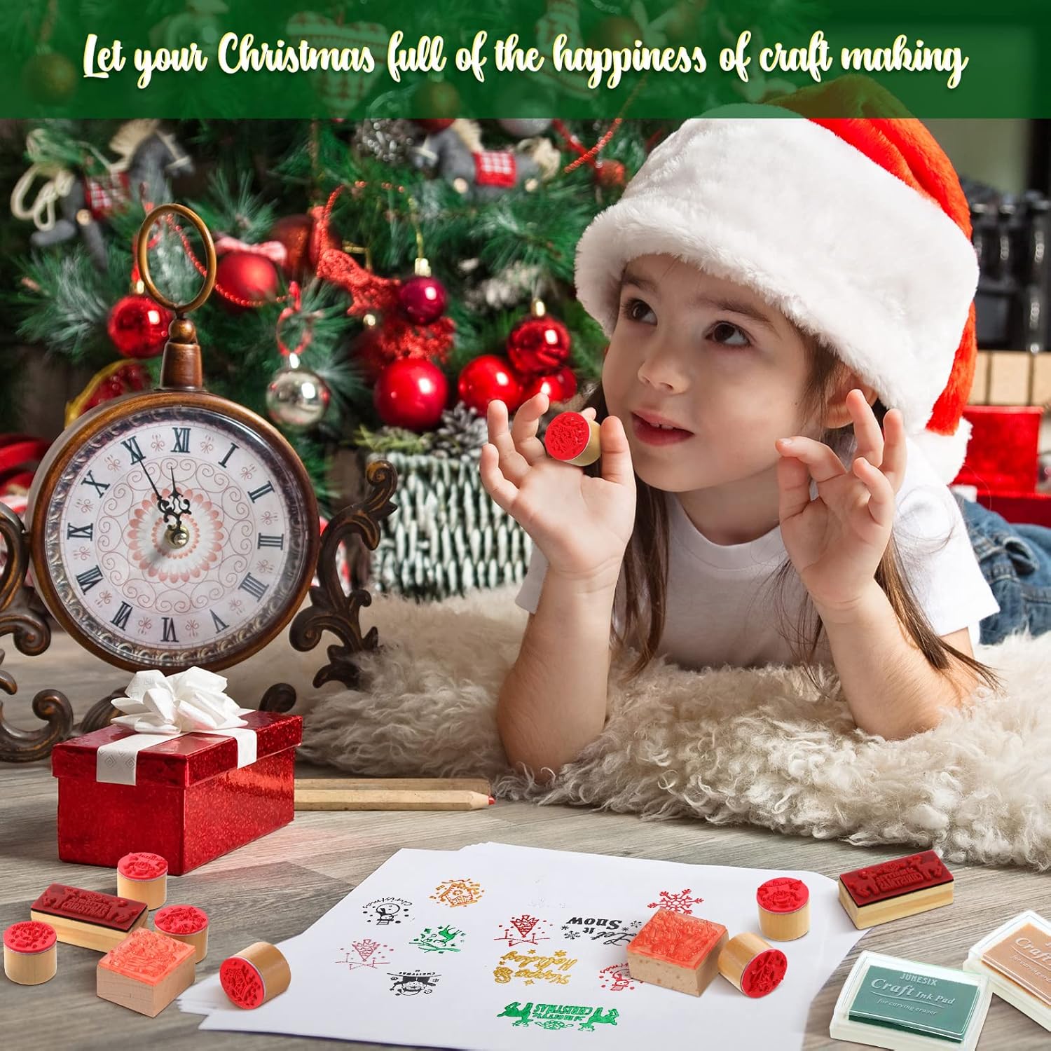 Woanger 15 Pieces Christmas Wooden Rubber Stamps and Craft Ink Pads Wooden Rubber Stamp for Scrapbooking and DIY Craft Card Wood Fabric Christmas Holiday