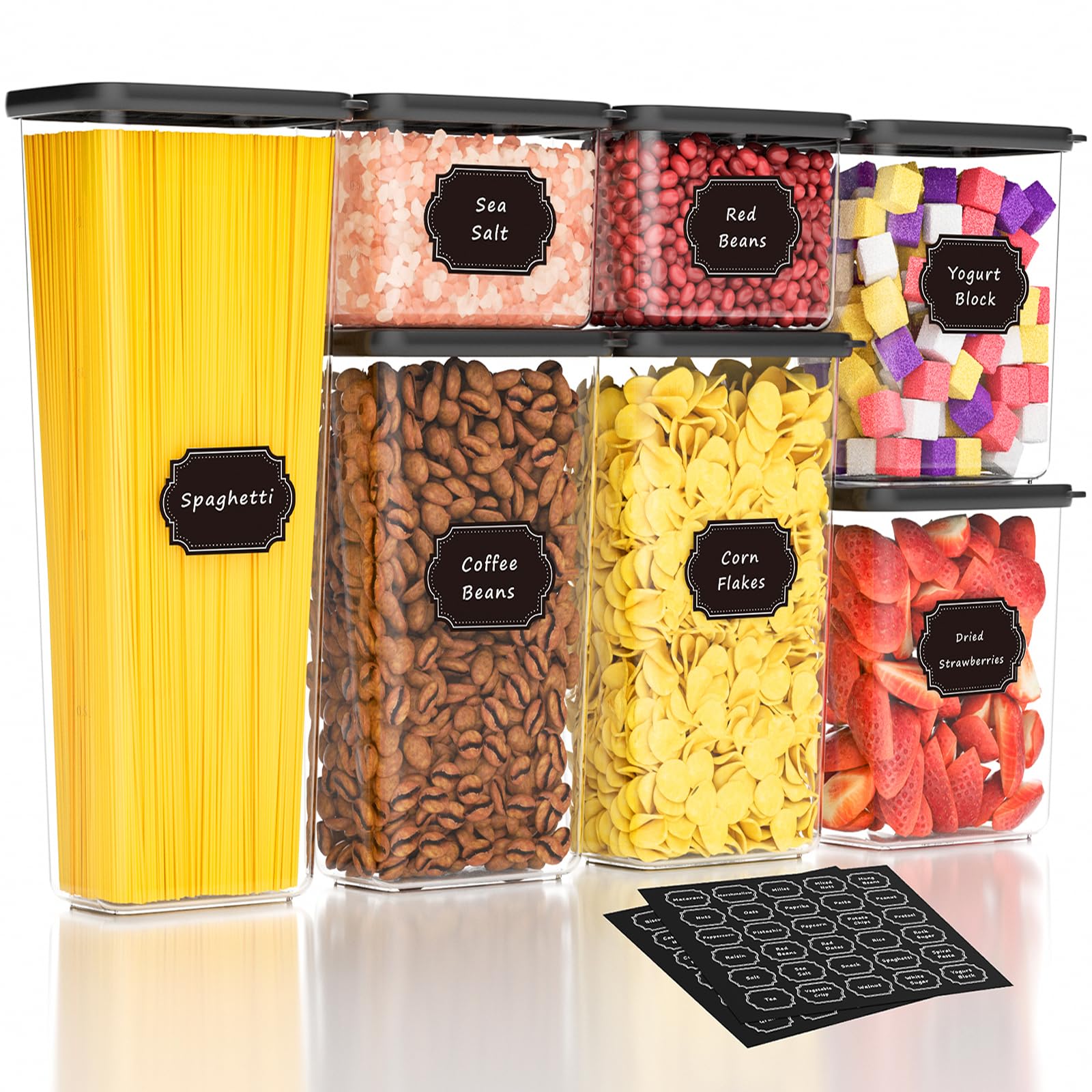 Nifogo Airtight Food Storage Containers with Lids 7 Pack, kitchen Storage Containers, Kitchen and Pantry Organization Set, for Cereal, Flour, Sugar, Pasta, Dry Food, Include 60 Labels
