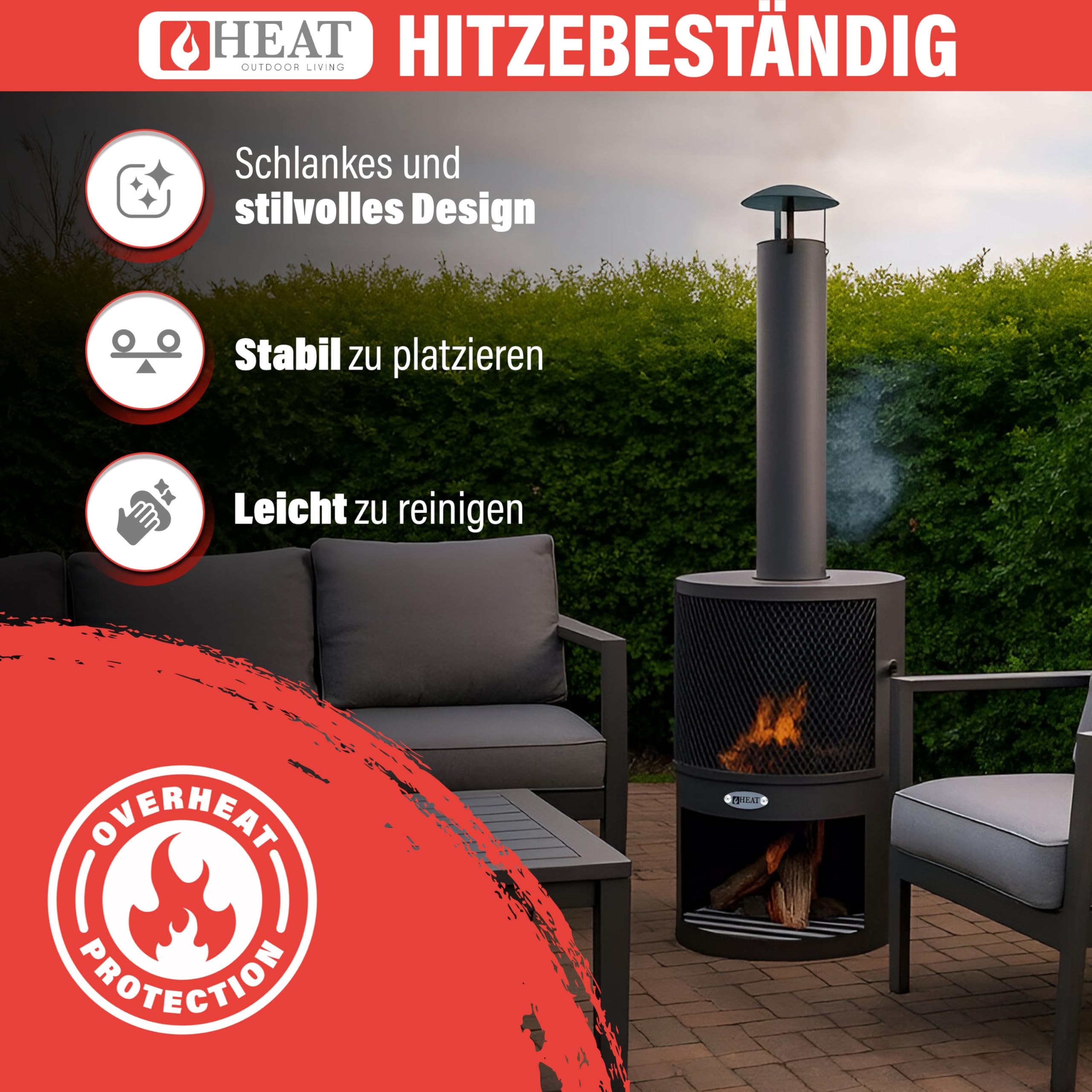 Hamar Gartenkamin Schwarz - Terrassenofen - Feuerstelle für entspannte Abende - Feuersäule Outdoor - Terrassenkamin - Gartenofen aus hochwertigem Stahl - Schwarz - 47x47x148cm