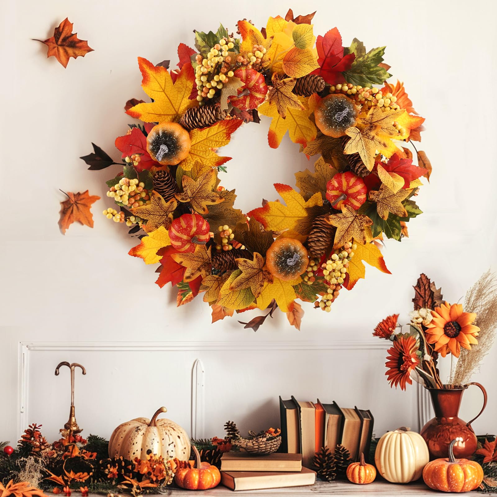 Autumn Wreath Front Door 19.6inch/50cm, Hanging Indoor Outdoor Fall Wreath with Leaves Berries and Pumpkin Harvest for Thanksgiving Harvest Festival Autumn Home Decoration(A)