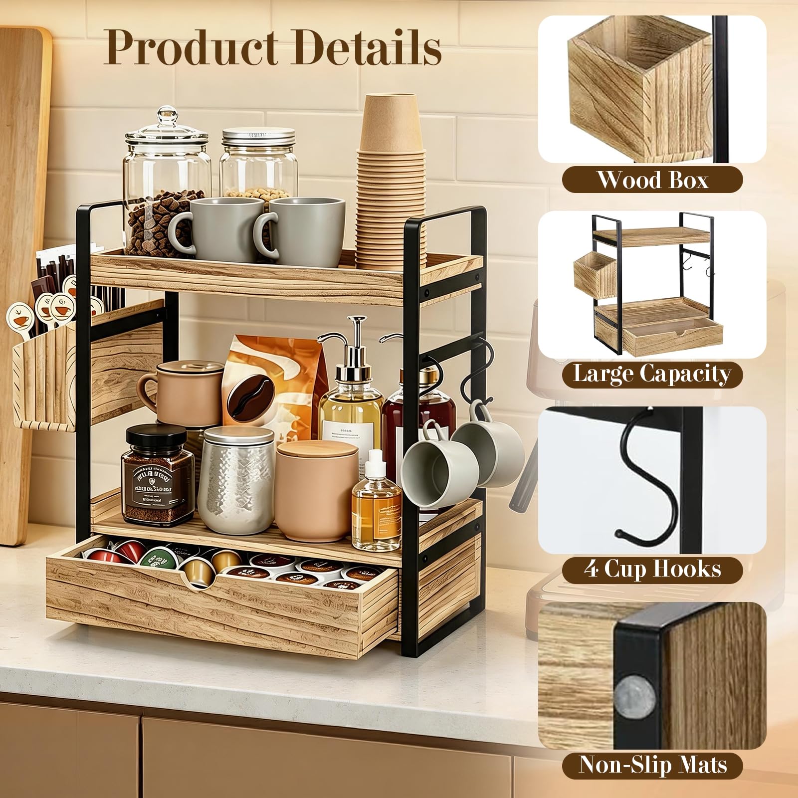 Organizador de estación de café, organizador de barra de café de 3 niveles con cajón de cesta y ganchos para tazas, accesorios de barra de café de madera, organizador de estante de almacenamiento para