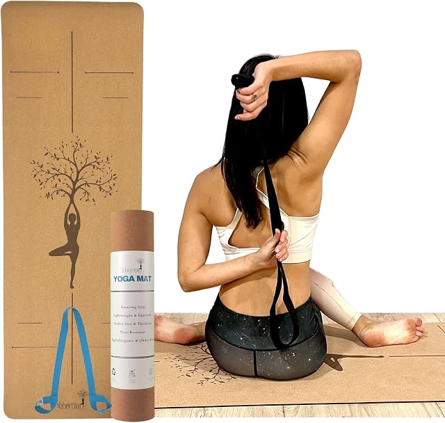 Yohemian Cork Yoga Mat | Eco Friendly, Sustainable & Non-Slip | Eco Yoga Mat | Amazing Grip | Lightweight | Alignment Lines | Hypoallergenic | Non Toxic | Yoga Mats For Women & Men