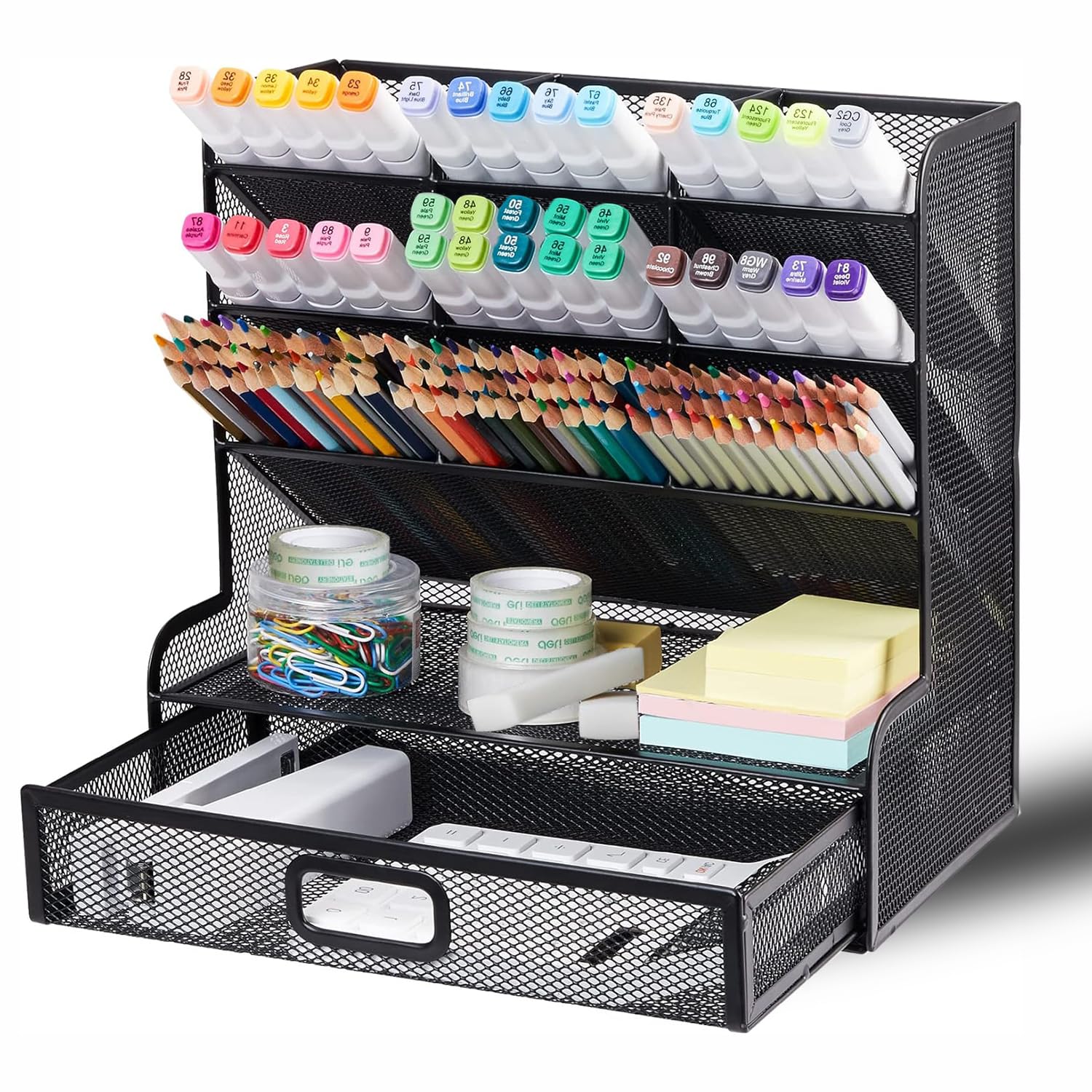 SPNOR Metal Pen Organizer, Pencil Holder for Desk, Multi-Functional Desk Organizer, Desk Organizer with Drawer for School, Home, Art Supplies, Black