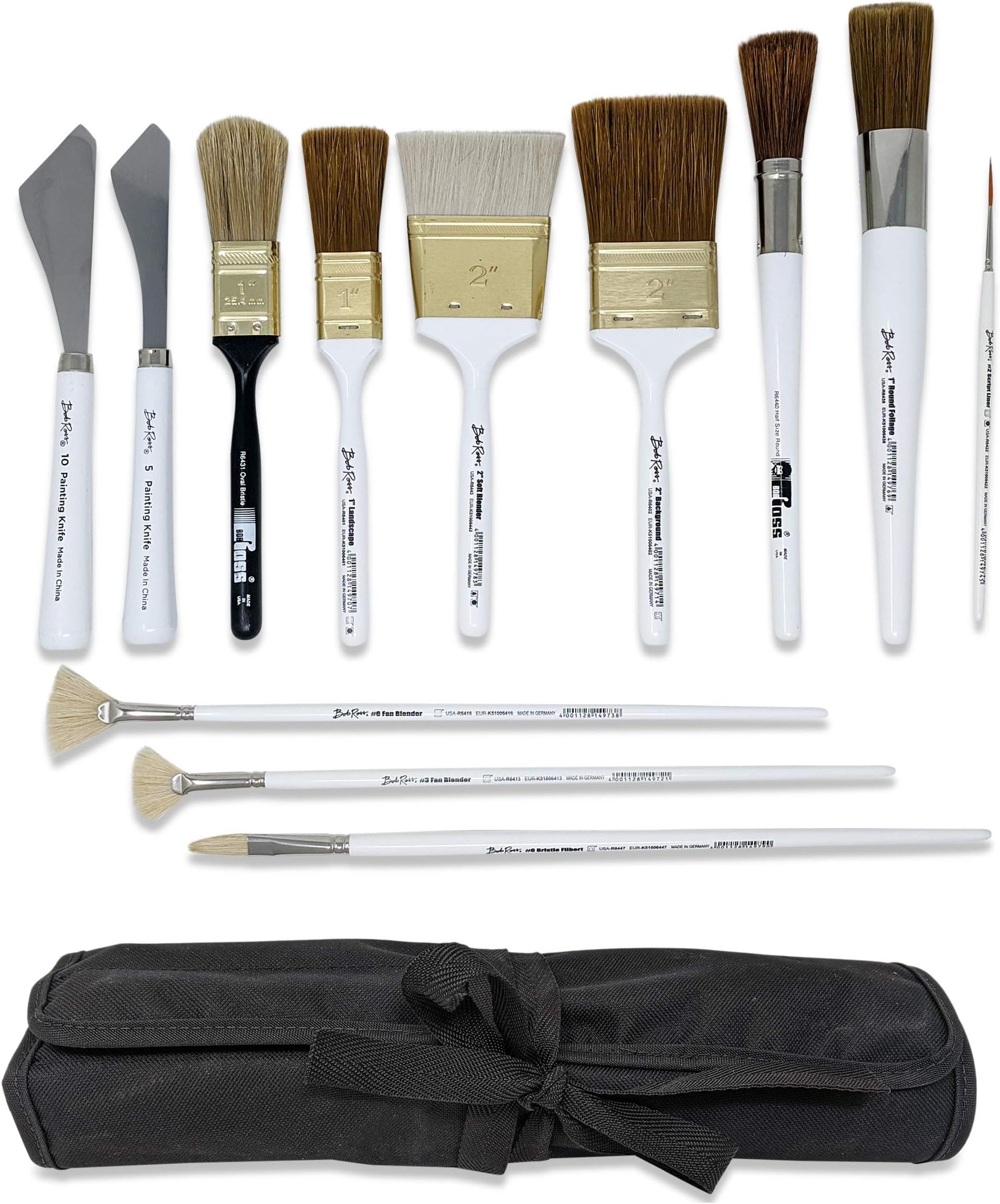 Bob Ross 13-Piece Landscape Painting Tools Bundle, 10x Paint Brushes, 2X Painting Knives, 1x Velono Roll-Up Paint Brush Case