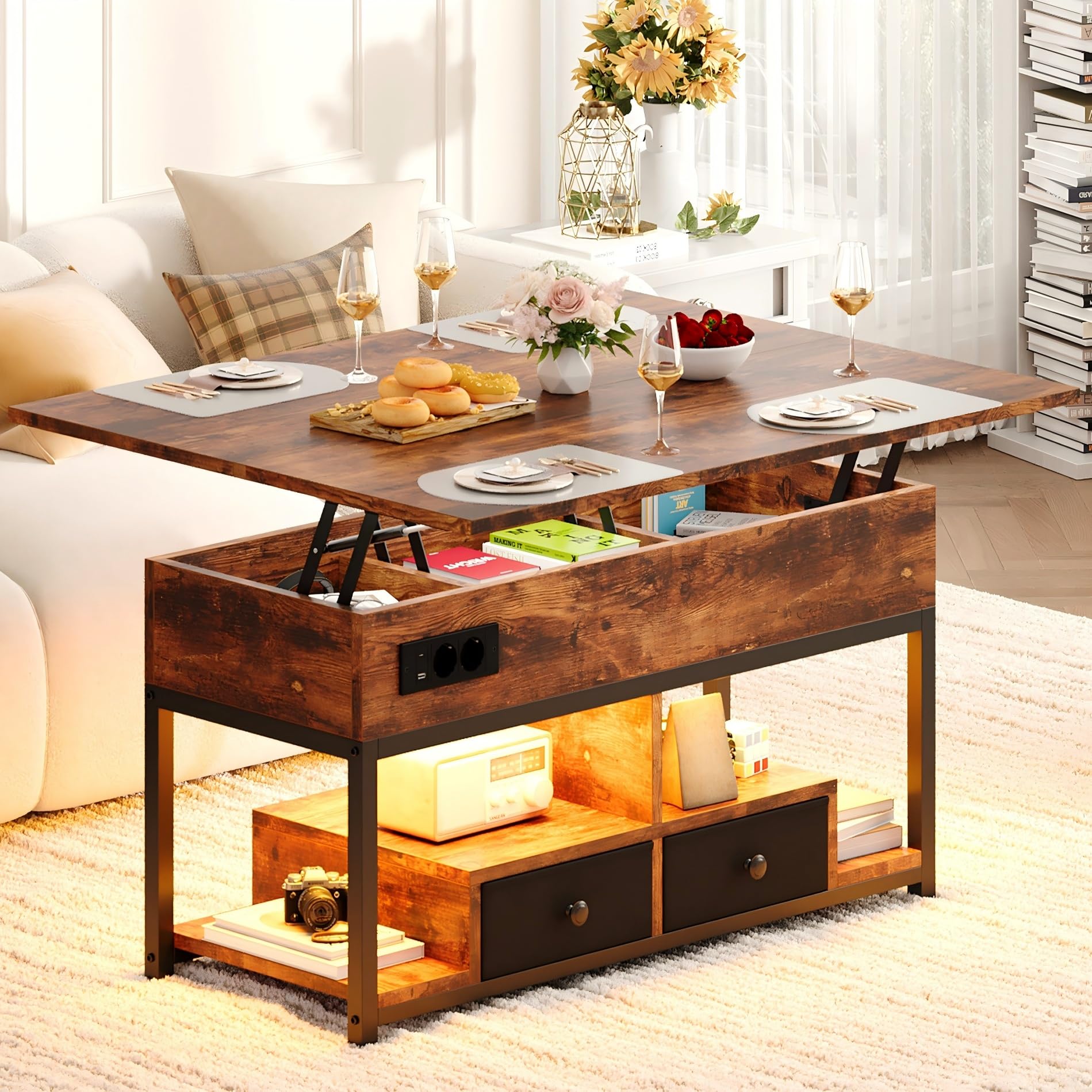 IRONCK Couchtisch Höhenverstellbar, LED Wohnzimmertisch mit Steckdosen, 2AC+USB+USB‑C, Kaffeetisch Holz, 2 Schubladen, Umwandelbar Esstisch 100×80cm (Vintagebraun)
