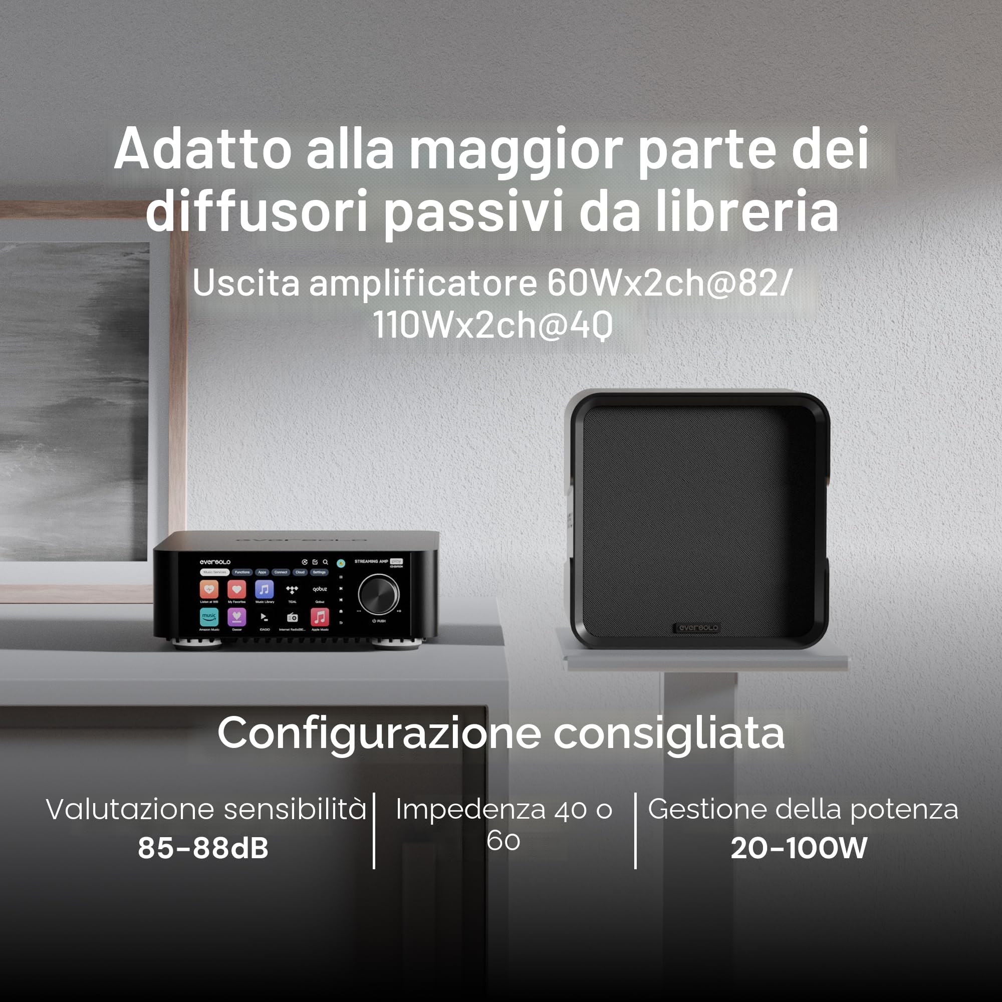 EVERSOLO Riproduci lo streamer musicale tutto in uno con amplificatore | Touch screen da 5,5 pollici, supporto per la correzione multi stanza e stanza, Stream Tidal, Qobuz, Amazon Music e altro | Nero