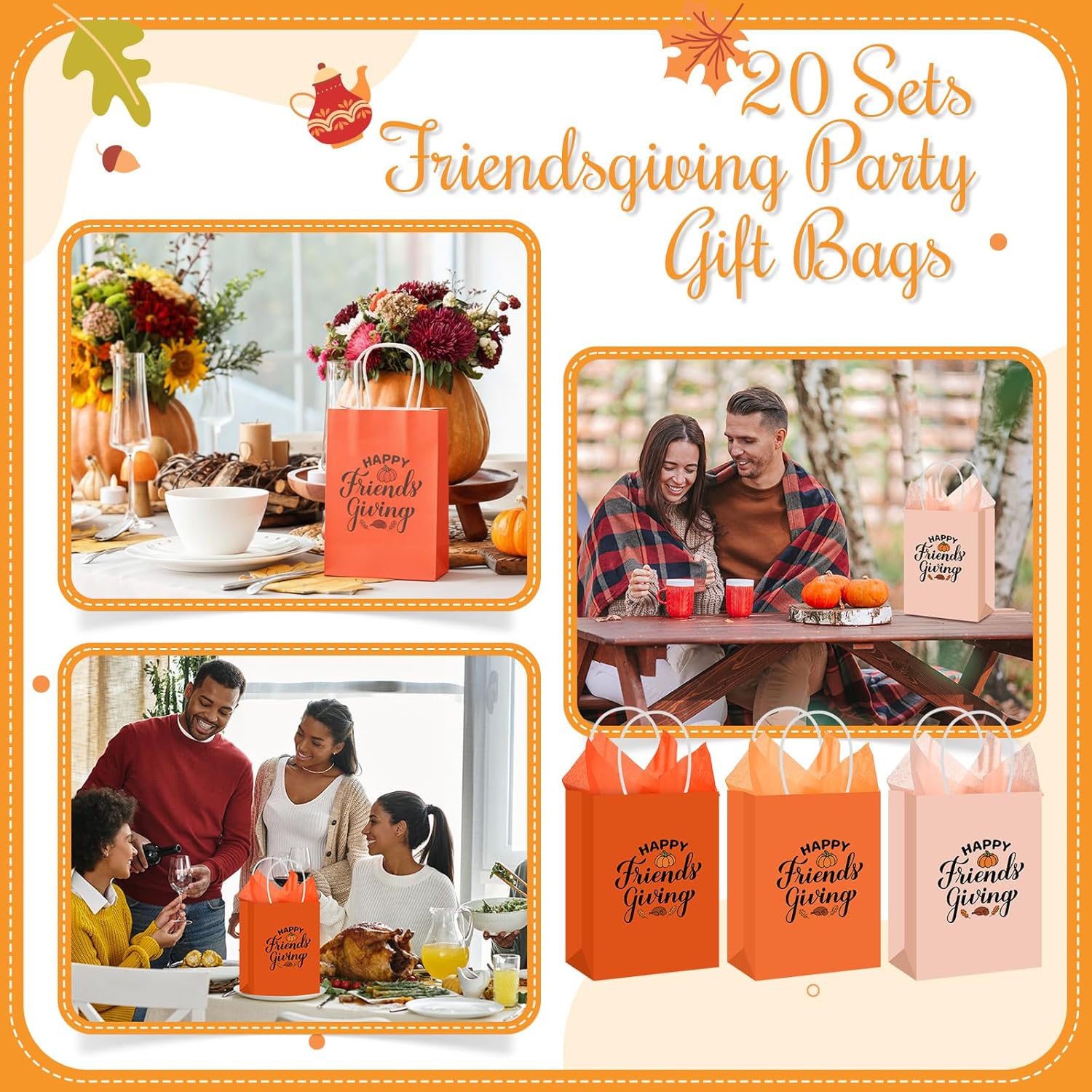 Sweetude 20 Sets Thanksgiving Gift Bags Friendsgiving Party Favor Friendsgiving Treat Bags 3 Styles Happy Thanks Giving Gift Bag with Tissue Paper Thanksgiving Goodie Candy Bag for Friend Guests - Image 6