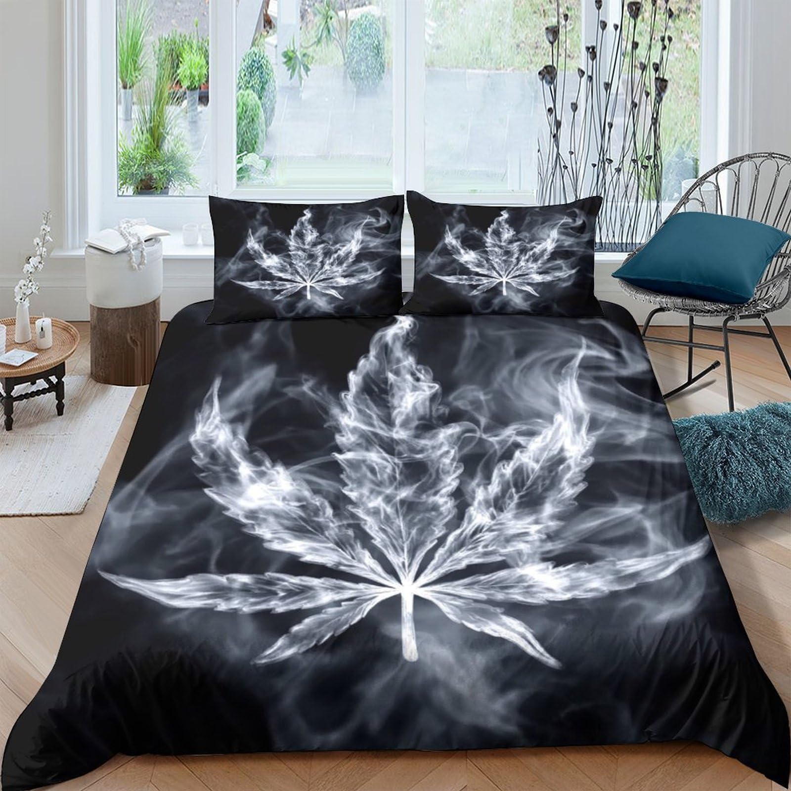Ctjqhvkz Style-7 3D Printed Smoke Leaf Fitted Sheet Microfiber Black Artistic Bed Sheet For Bedroom Dorm Anti-Slip Mattress Cover Decor Single（135X200cm）