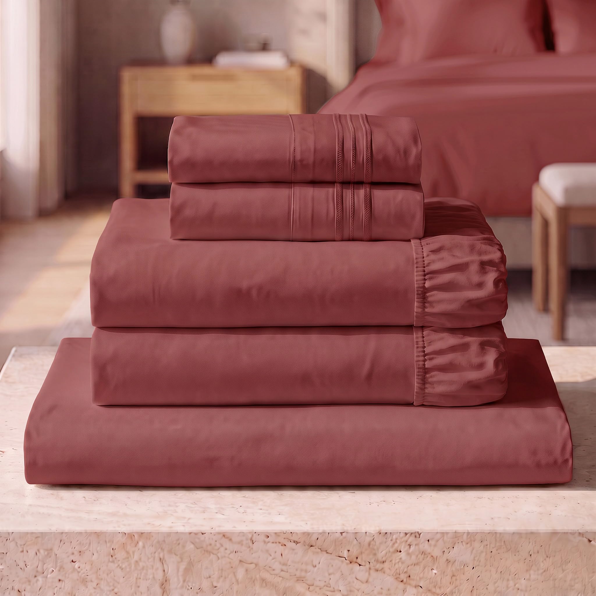 Mellanni Iconic 5-Piece Sheet Set, 21" Extra Deep (Split King, Brick Red)