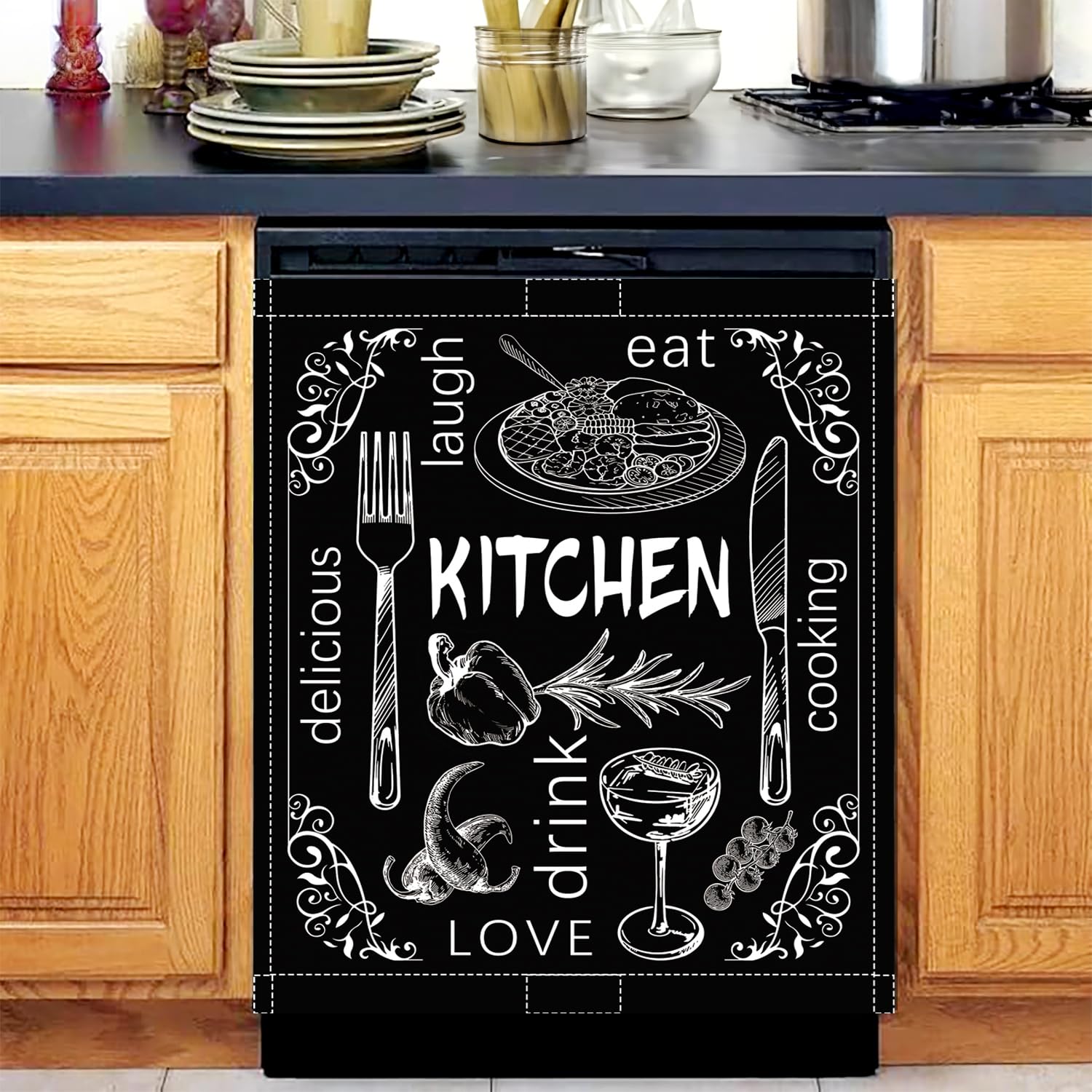 Black Dishwasher Magnet Cover, 23x26 in Fall Decor Dishwasher Magnet Covers Kitchen Decoration Dish Washer Magnets Sticker Funny Fridge Magnets Panel Decal Magnetic Covers