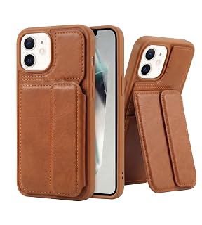 Amazon Basics Luxury Vegan Leather Back Cover for iPhone 11 | Built-in Card Holder Slot | Integrated Mobile Stand | Slim Shockproof Protective Case with Stitched Finish - Tan