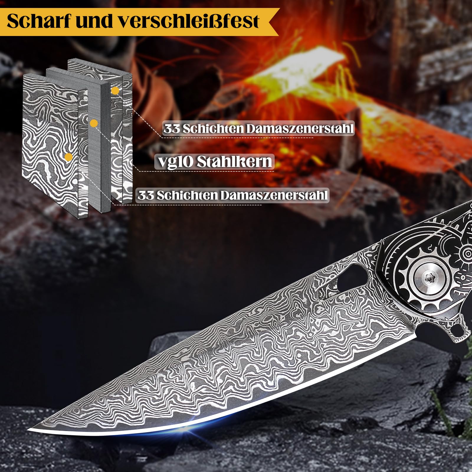 Handgefertigt Damaszener Stahl Taschenmesser, 3,5 „ Klingen Männer und Frauen Klappmesser, mit Lederscheide, Harz und Ahorn Griff, geeignet für Outdoor EDC tragen, Camping Abenteuer Jagd