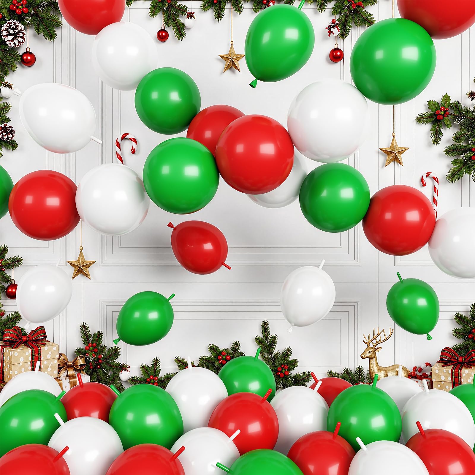 Red Green White Link Balloons,120Pcs 6Inch Christmas Linking Balloons