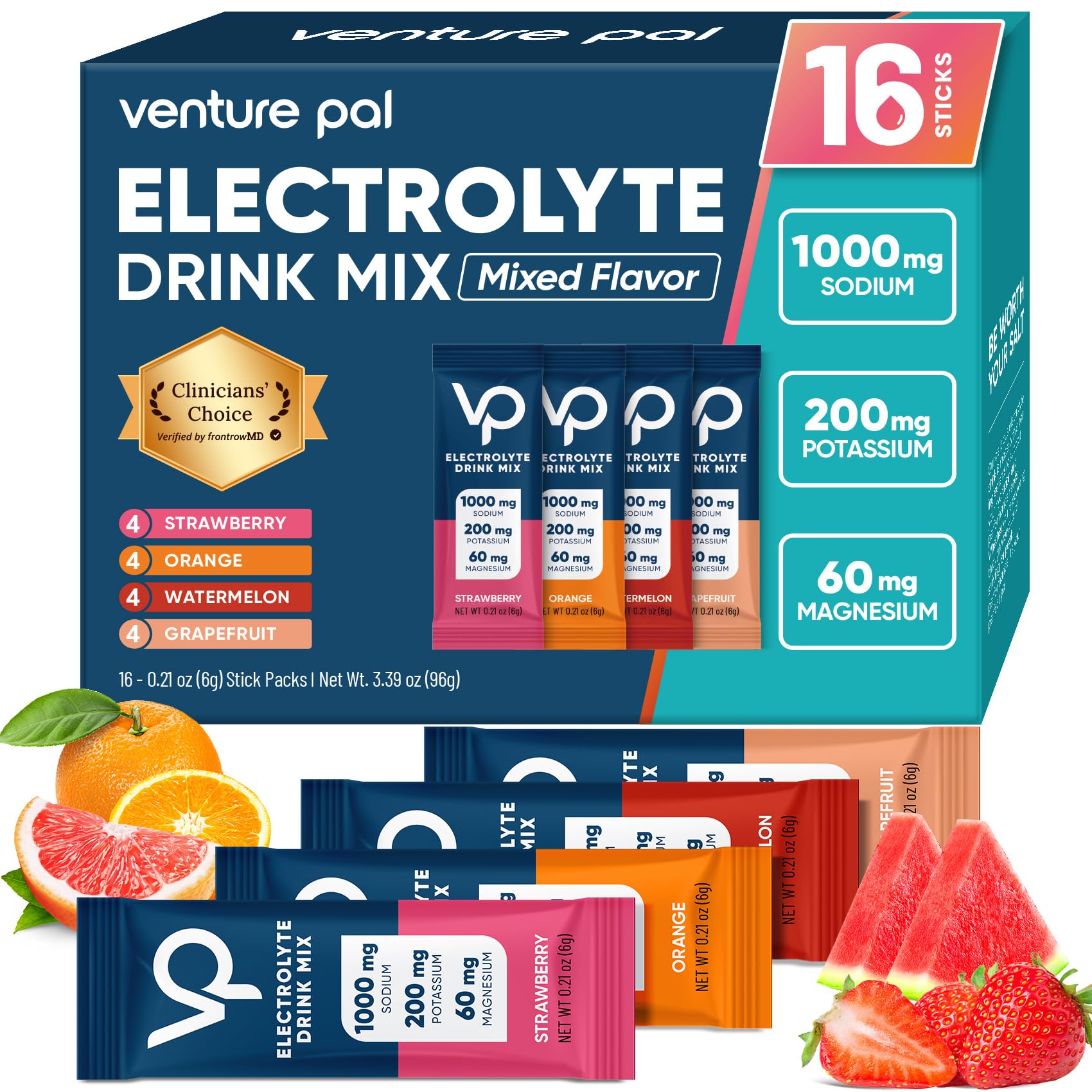 Venture Pal High Sodium Sugar Free Electrolytes Powder Packet - Hydration Packets with Vitamin, Sodium & Potassium | Zero Calories | Vegan, Keto & Paleo Friendly Electrolyte Drink Mix - 16 Sticks