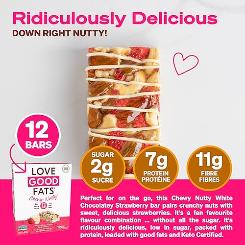 Miniatura 3 de Love Good Fats Barras de bocadillos de proteína Keto  Fresa de chocolate blanco con nueces masticables con almendras y anacardos  046oz de grasas