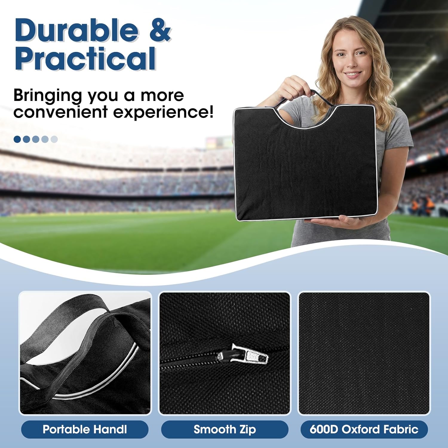 Portable Stadium Seat Cushions with Handle, Waterproof 600D Oxford Fabric, Extra Thick 3.9" Foldable Seat Cushion for Bleachers, Sports Events, Camping, Office Chairs, 2PCS