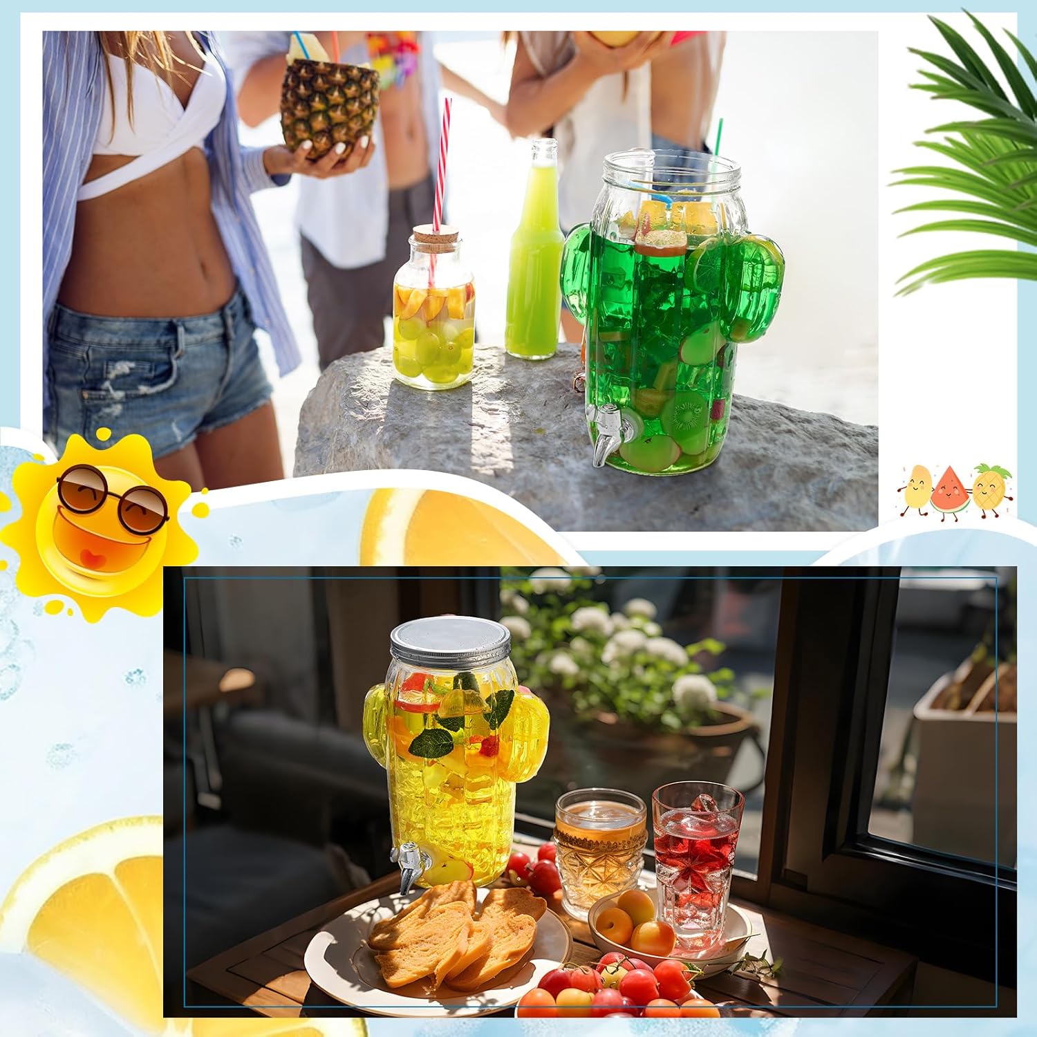 FillTouch 1 Gallon Glass Cactus Drink Dispenser Party Supplies Clear Cactus Shaped Beverage Dispenser with Spigot Water Juice Liquid Tea Jar for Summer Pool BBQ Picnic Kitchen Baby Shower Table Decor