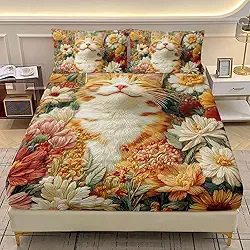 AILONEN Jogo de lençol casal de gato floral fofo, 3 peças com tema de animais e flores coloridas para crianças, meninas, lençol com bolso profundo e 2 fronhas