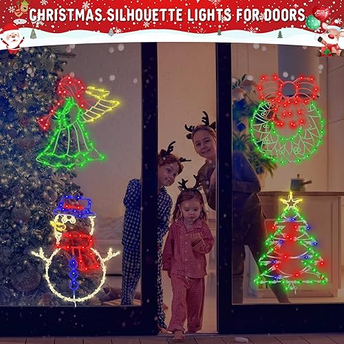 Miniatura 3 de Paquete de 4 luces de silueta de ventana de Navidad, muñeco de nieve iluminado, ángel trompeta, corona, árbol de Navidad, luces de ventana de