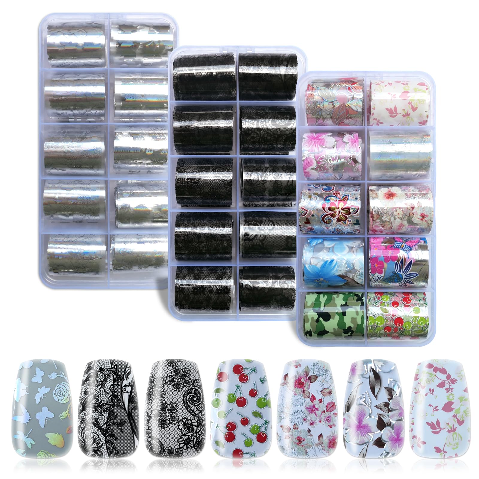 Lifextol Nail Art Stickers - 30 Rolls Foil Transfer Sheets for Fake Nail Tips With Butterfly, Flower Designs - Press on Nails Decoration