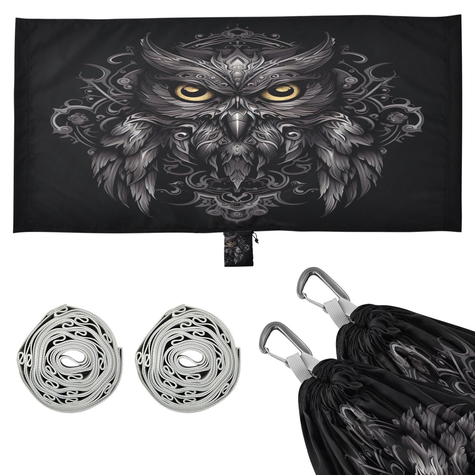 SDMKA Totemic Owl Camping Hammock, 330 lbs with 2 Tree Straps, Carry Bag, Single Portable Hammock for Outdoor/Indoor, Hiking, Beach, Backpacking, Travel