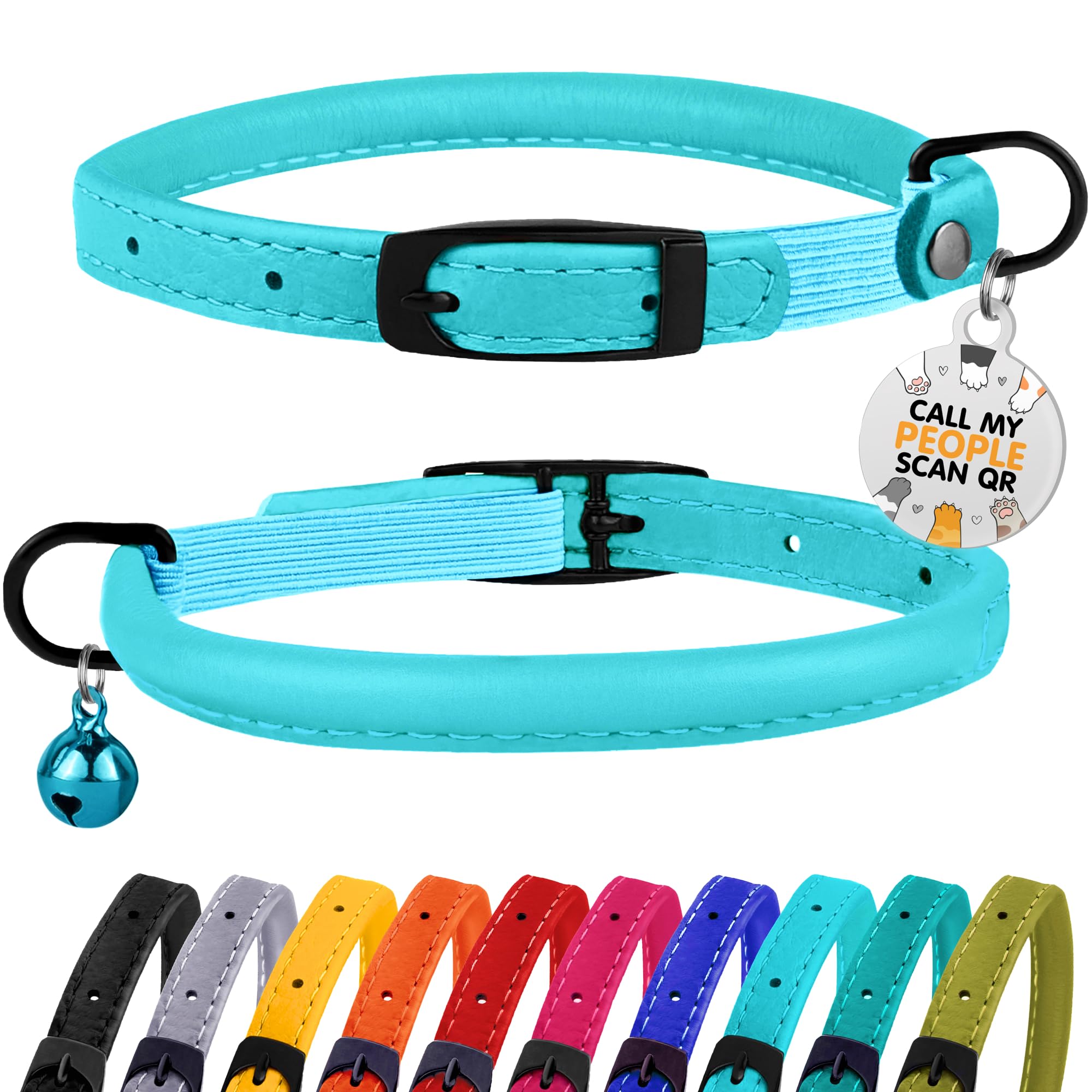 BRONZEDOG Cat Collar with Bell Safety Rolled Leather Collars for Cats Kitten Black Blue Pink Green Yellow Grey (20-25 cm, Light Blue)