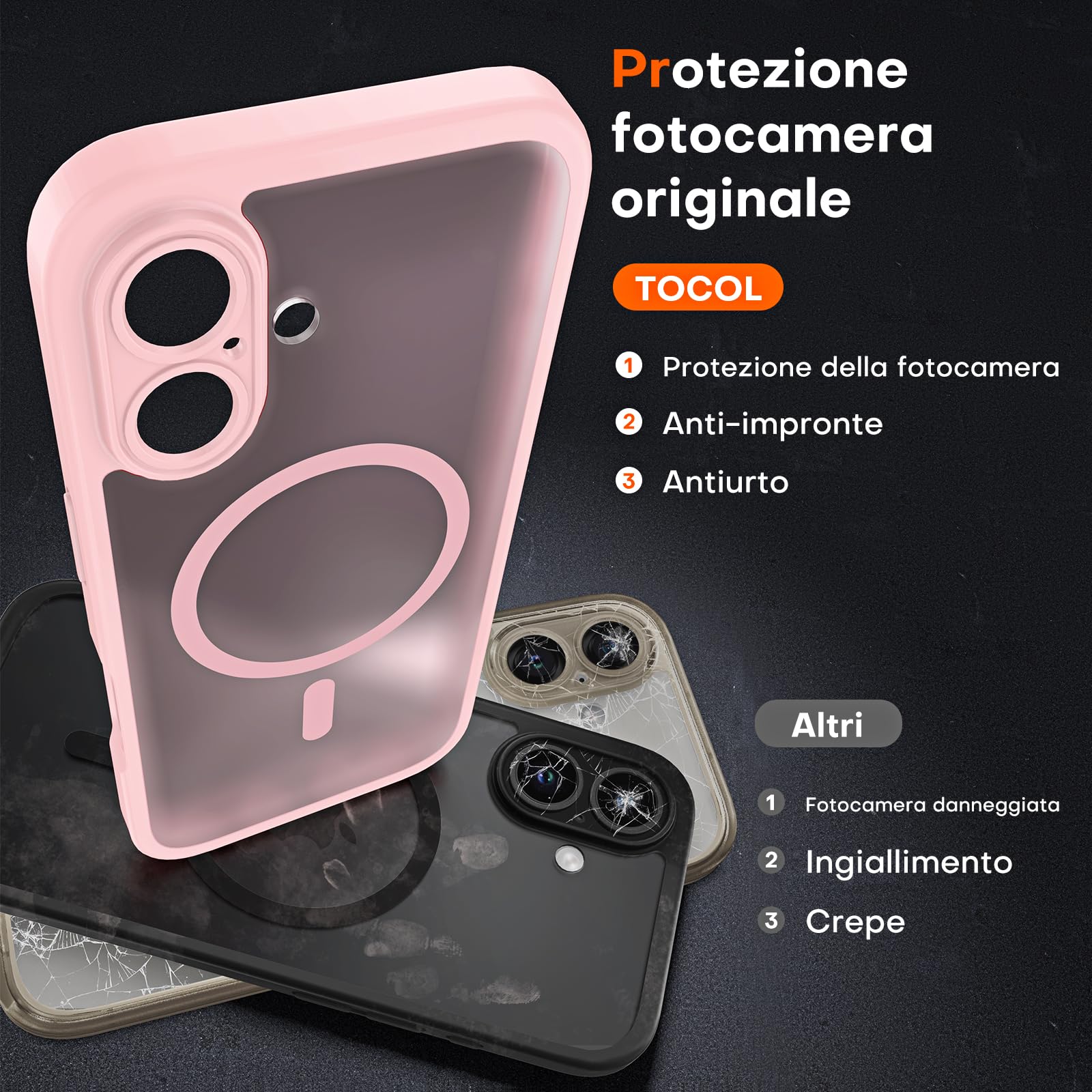 TOCOL Cover Magnetica per iPhone 16 6,1 Pollic, Compatibile con MagSafe, Protezione Fotocamera Integrata, Custodia Antiurto Traslucida Opaca, Rosa Chiaro