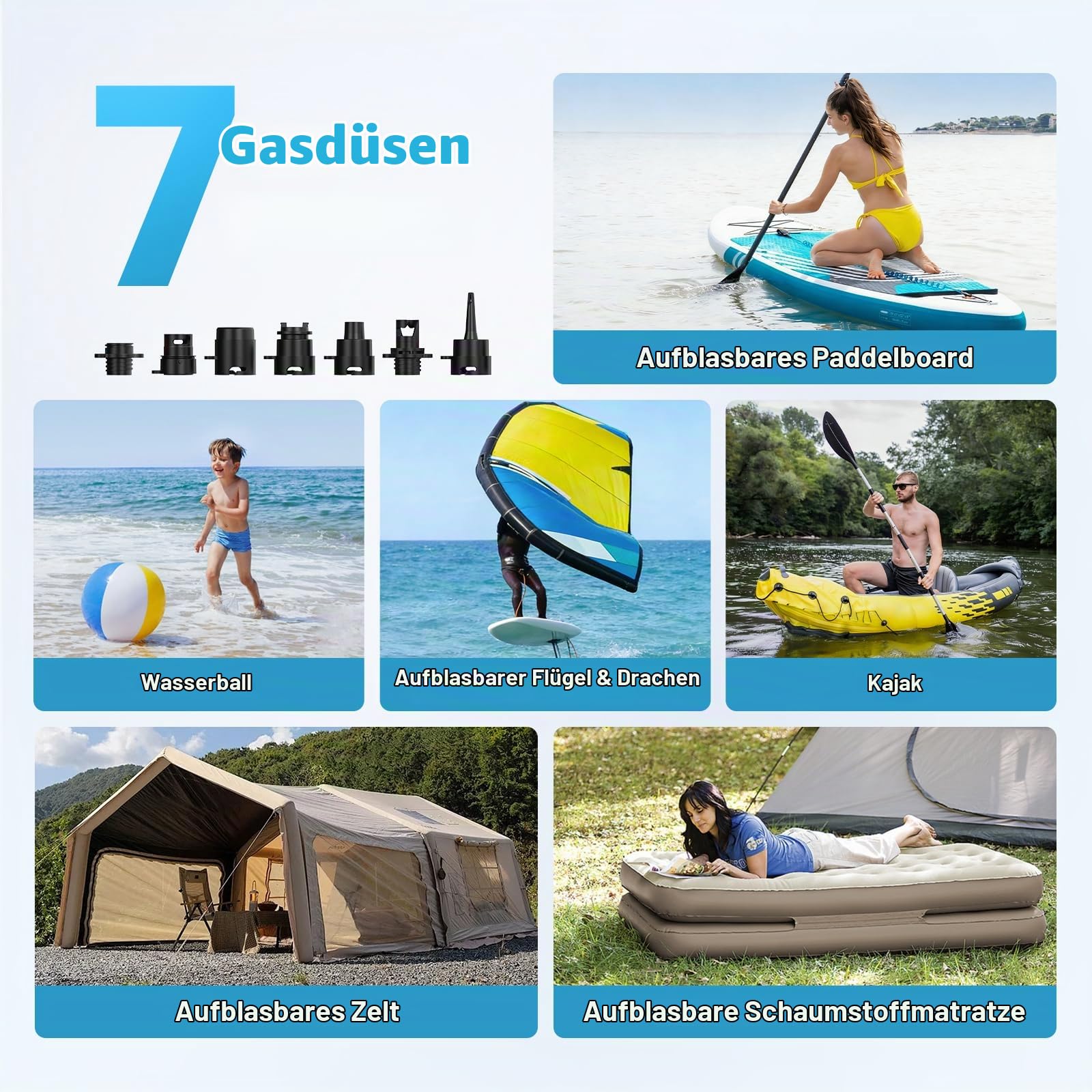 Hydrohero Elektrische SUP Pumpe, 20 PSI SUP Pumpe, 96,2Wh Akku | 4 Min. bis 12 PSI, 1,6 kg Leichtgewicht, 96,2Wh Akku, 2-stufig Aufpumpen & Entleeren, 7 Düsen, Aufbewahrungstasche, für SUPs