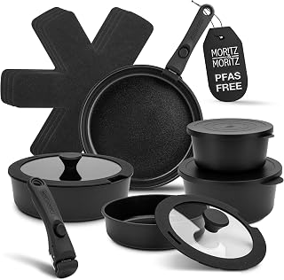 15-Piece Cast Aluminum Nonstick Cookware Set | Stackable Pots & Pans with Removable Handles, Granite Coating, Induction Compatible, Space-Saving, Black
