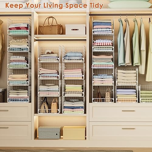 Miniatura 7 de Paquete de 5 organizadores apilables de armario y estantes de almacenamiento, color blanco