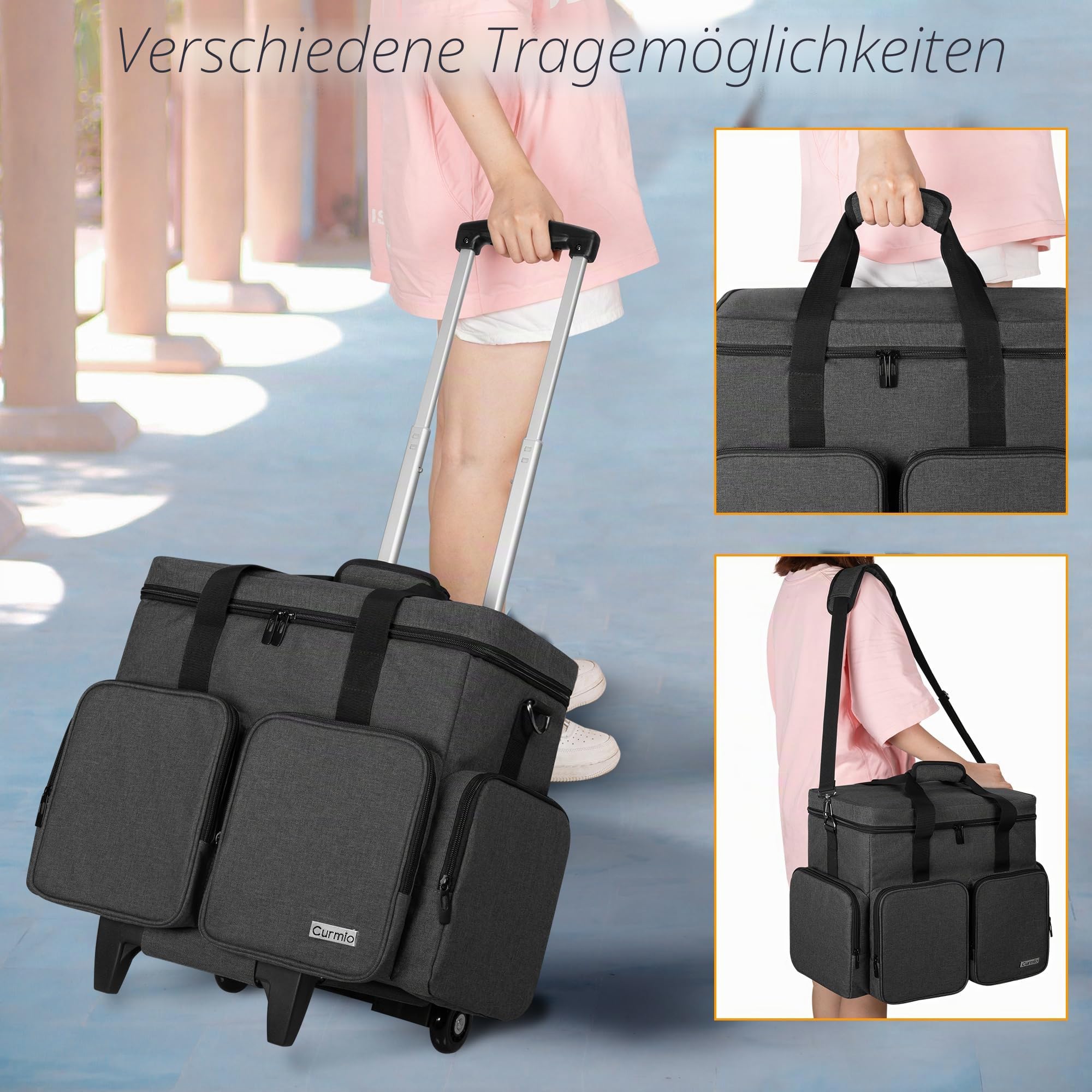 CURMIO Scrapbook Rolling Totes, Scrapbooking Aufbewahrungstasche mit Abnehmbarem Trolley, Handarbeitstasche für Scrapbooking-Zubehör und Bastel, Schwarz