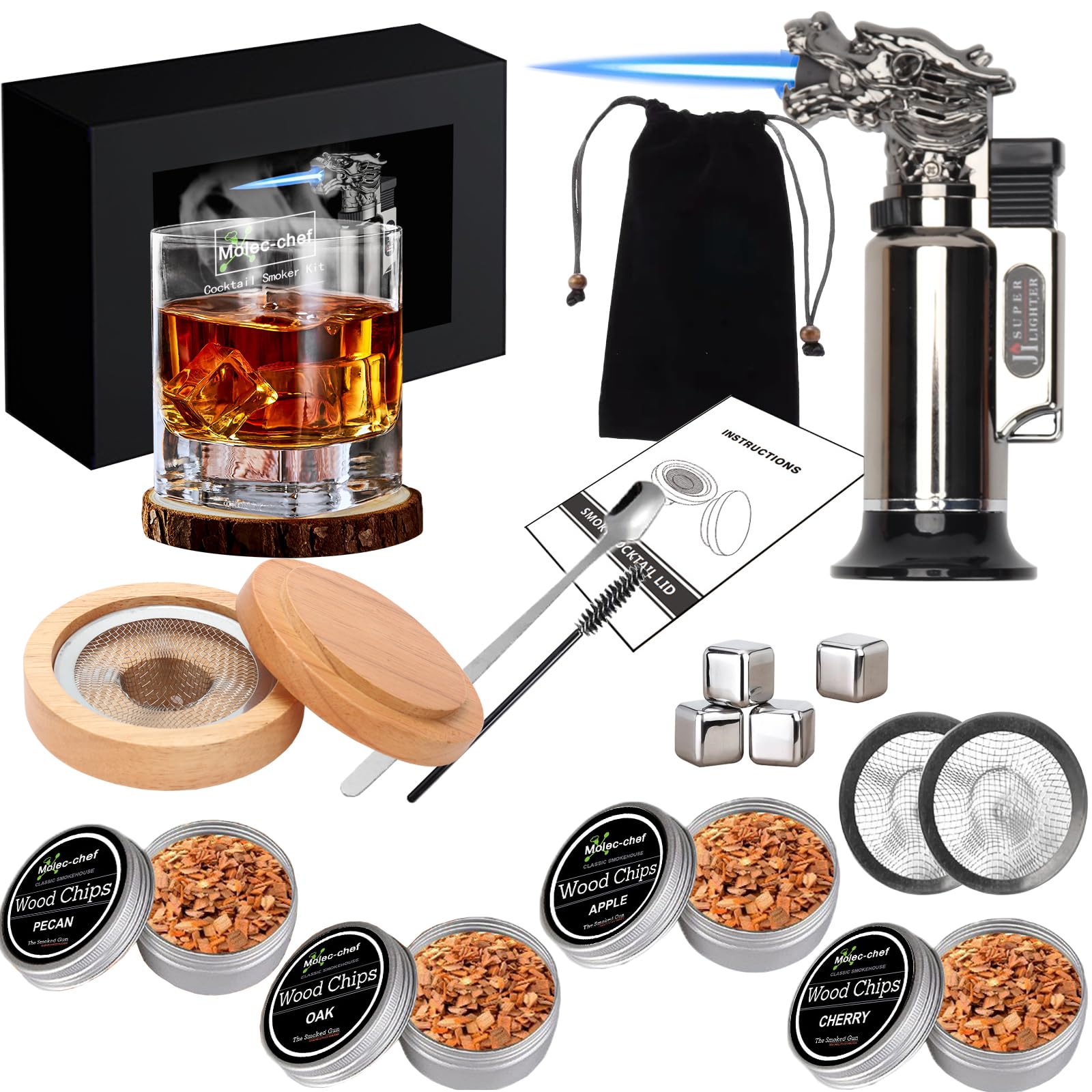 Kit per Affumicatore da Cocktail con Torcia, Mini Affumicatore Cocktail Set con 4 Gusti Tucioli di Legno e 4 Cubetti di Ghiaccio, Kit per Fumatori di Bevande per Whisky, Bevande, Bourbon, Bistecche