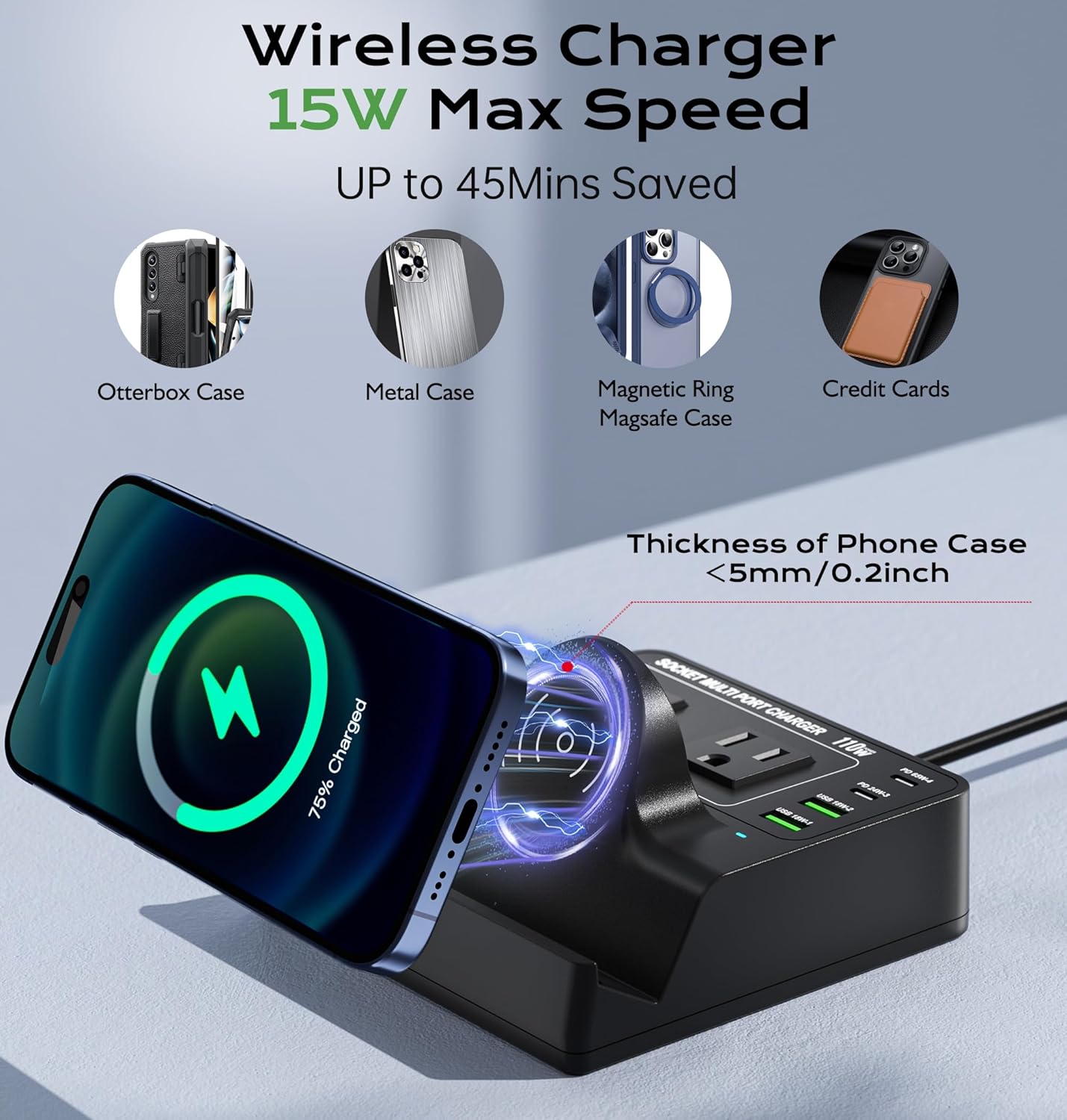 USB Charging Station for Multiple Devices Apple, TOPOINT 7 in 1 Power Strip with Wireless Charger for iPhone, 65W Fast Charging USB C Charger Block Phone for Samsung Android MacBook iPad Tablet